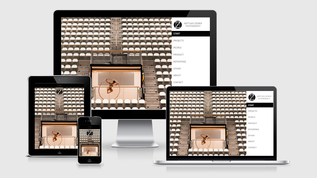Die Webseite von "Fotografie Matthias Ziemer" dargestellt auf 4 verschiedenen Bildschirmgrößen (Handy, Tablet, Laptop und Desktopmonitor)