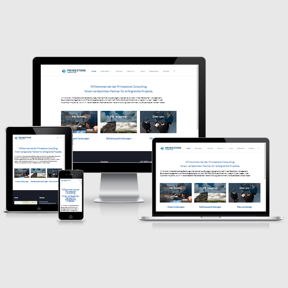 Die Webseite der "Primestone Consulting" dargestellt auf 4 verschiedenen Bildschirmgrößen (Handy, Tablet, Laptop und Desktopmonitor)