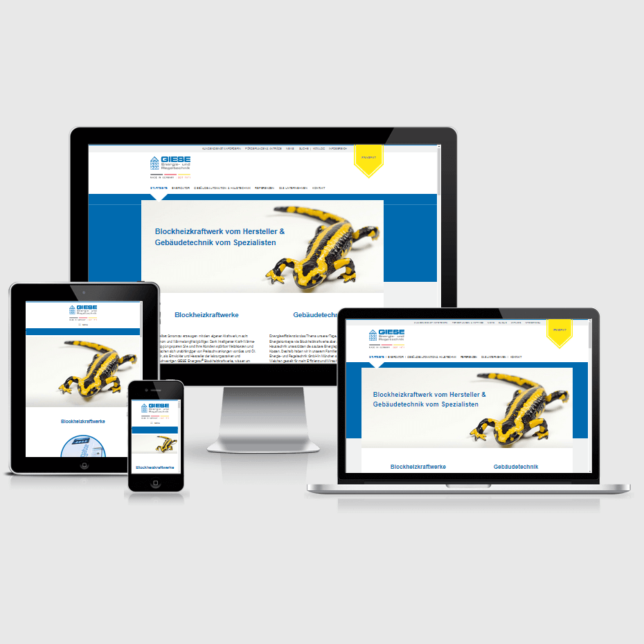 Die Webseite der "Giese GmbH" dargestellt auf 4 verschiedenen Bildschirmgrößen (Handy, Tablet, Laptop und Desktopmonitor)