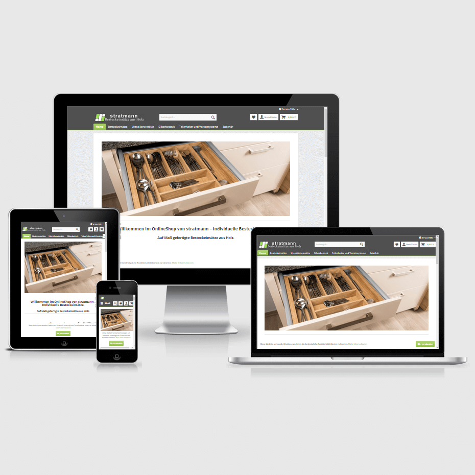 Die Webseite des "Stratmann Design Shops" dargestellt auf 4 verschiedenen Bildschirmgrößen (Handy, Tablet, Laptop und Desktopmonitor)