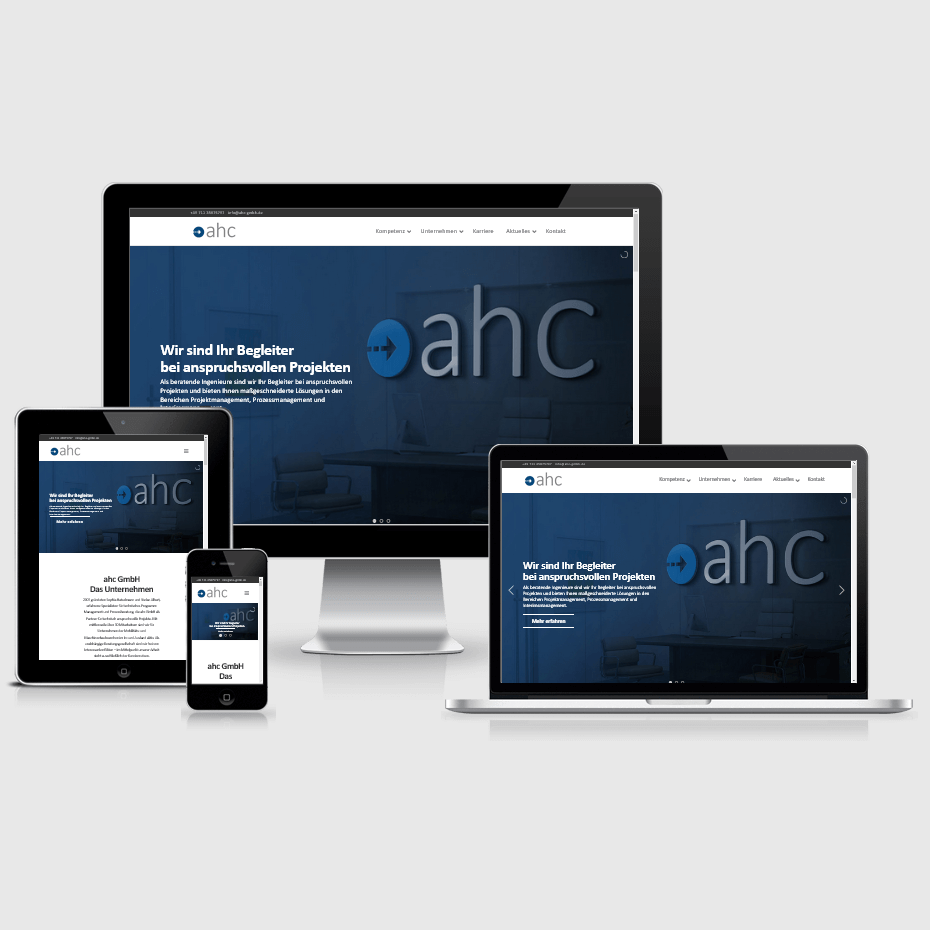 Die Webseite der "ahc GmbH" dargestellt auf 4 verschiedenen Bildschirmgrößen (Handy, Tablet, Laptop und Desktopmonitor)