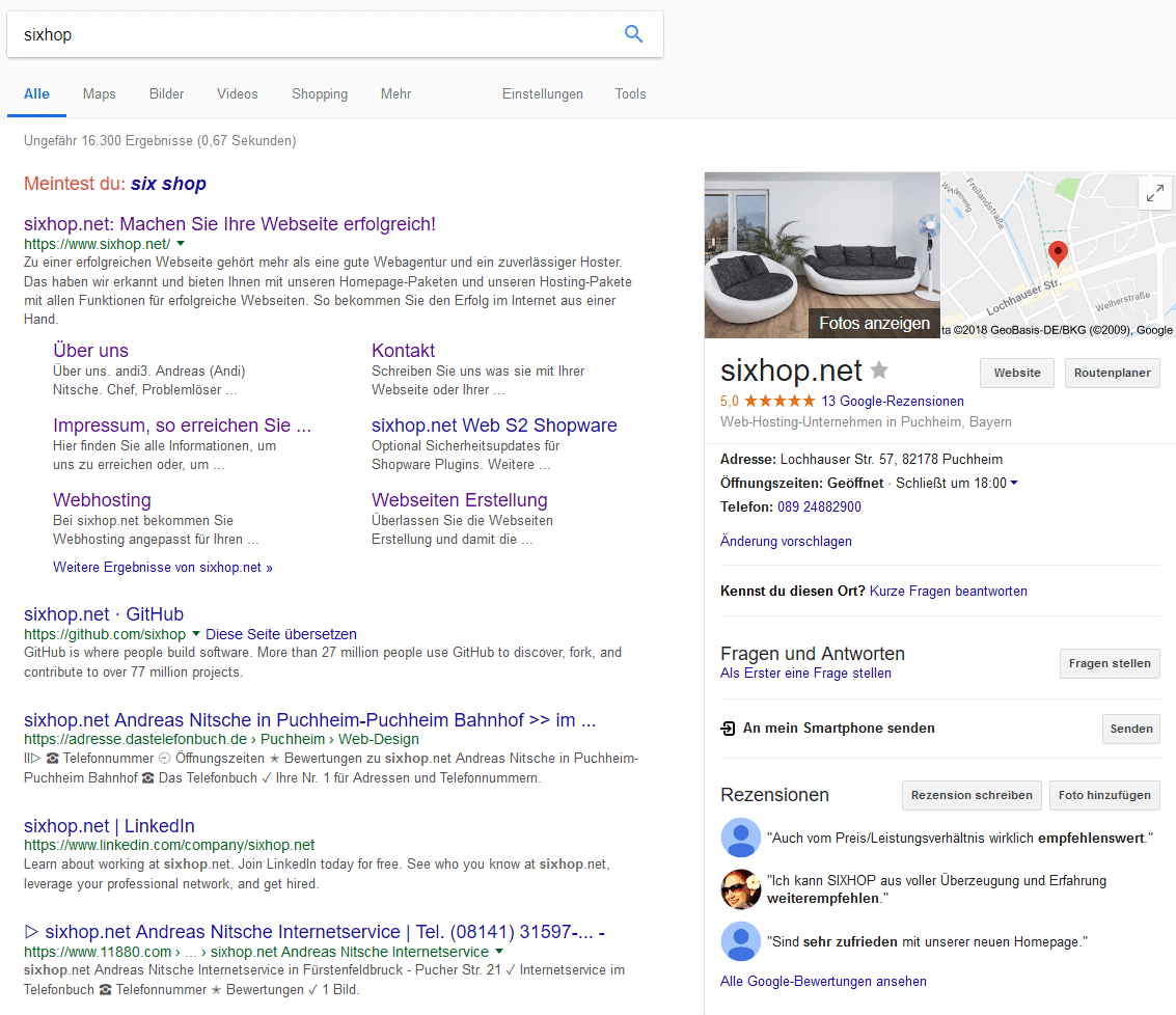 Ein screenshot der Darstellung eines Google MyBusiness in der googlesuche
